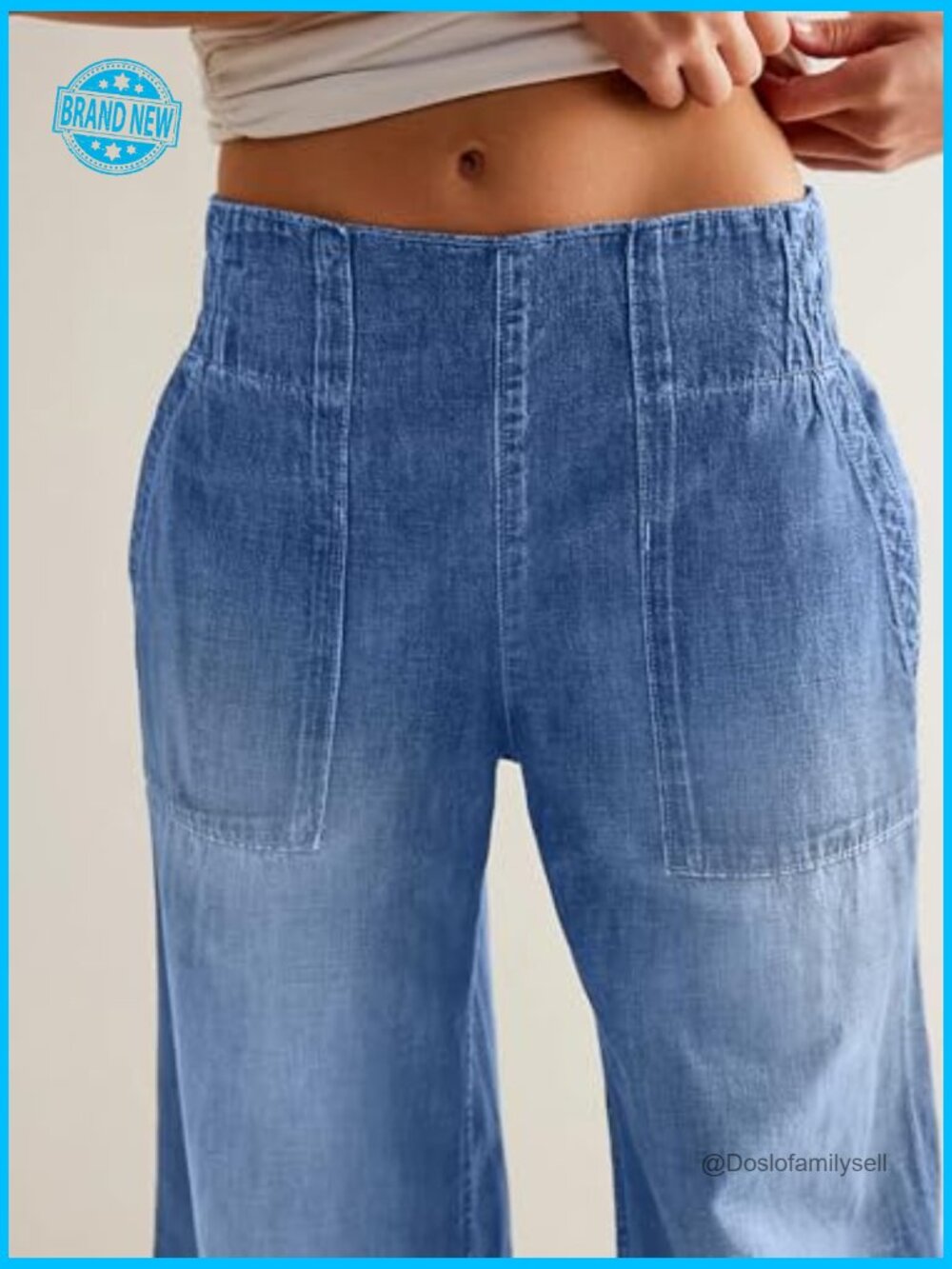 Wide Leg Jeans Soft Baggy Low Rise Elastic Waist Pull On Denim Pants Y2K - Picture 2 of 7